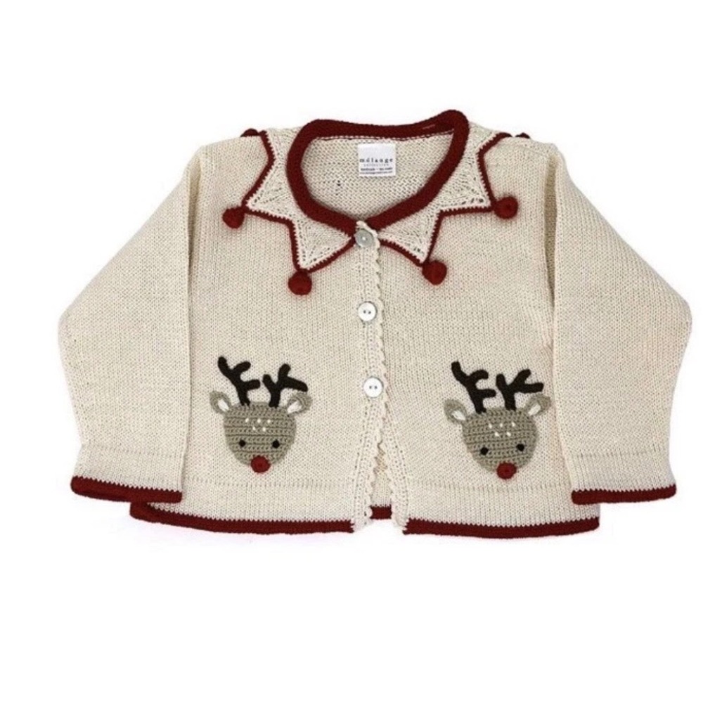 Melange Collection Reindeer Knit Cardigan Handmade Cream Red Star Collar 6M